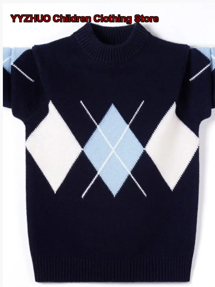 Boys Knit Base Layer Top Kids Autumn Winter Diamond Pattern Student Style Trendy Solid Shirt Older Kids
