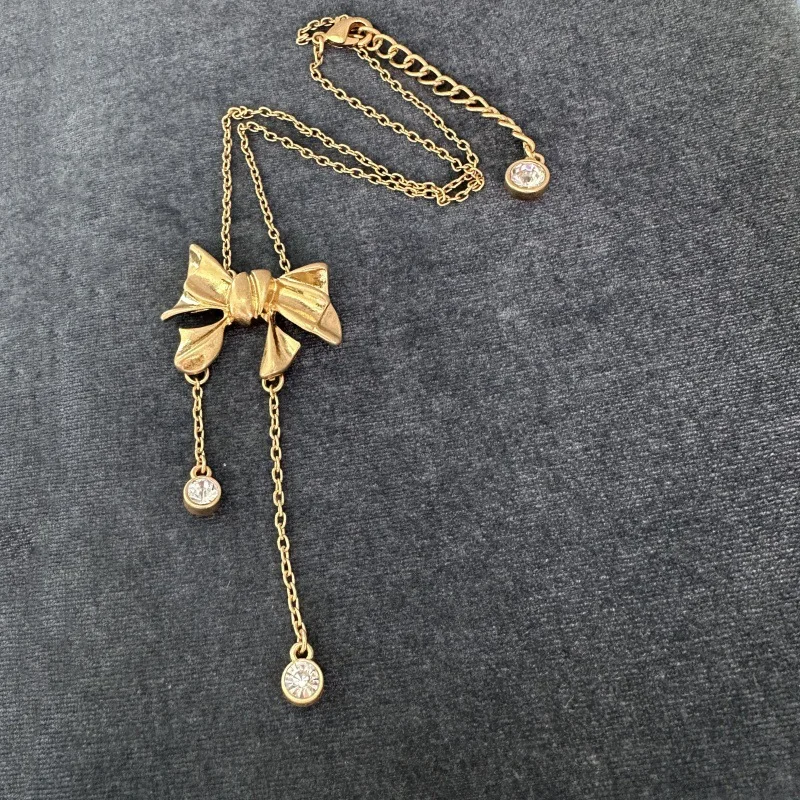 OS Minimalist Elegant Bow Pendant Necklace for Women, Dainty Tassel CZ Choker Chain, Versatile Layering Jewelry for Daily Wear