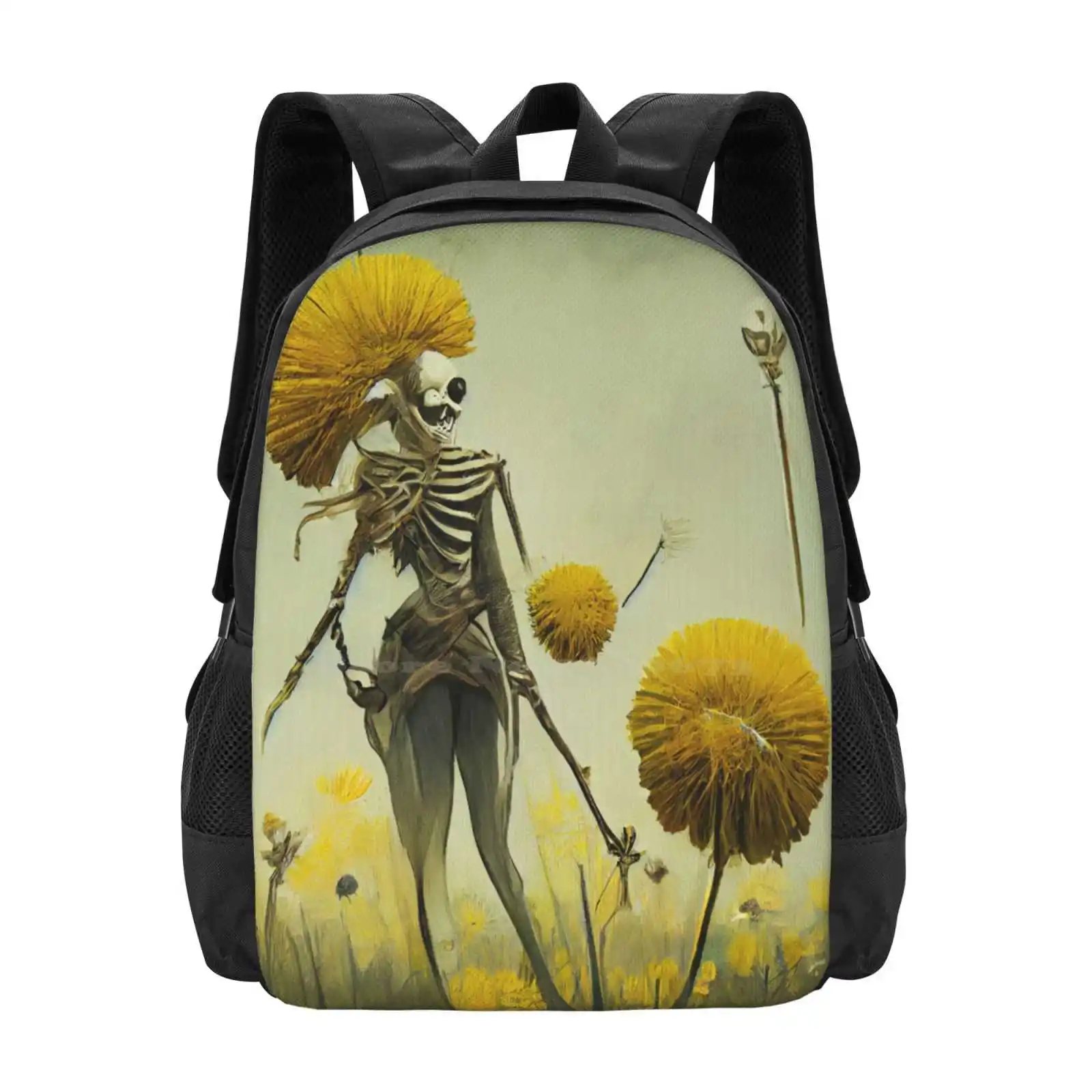 Esqueleto mulher e flores mochila, dente-de-leão floral amarelo, bolsa botânica para adolescentes, homens e mulheres