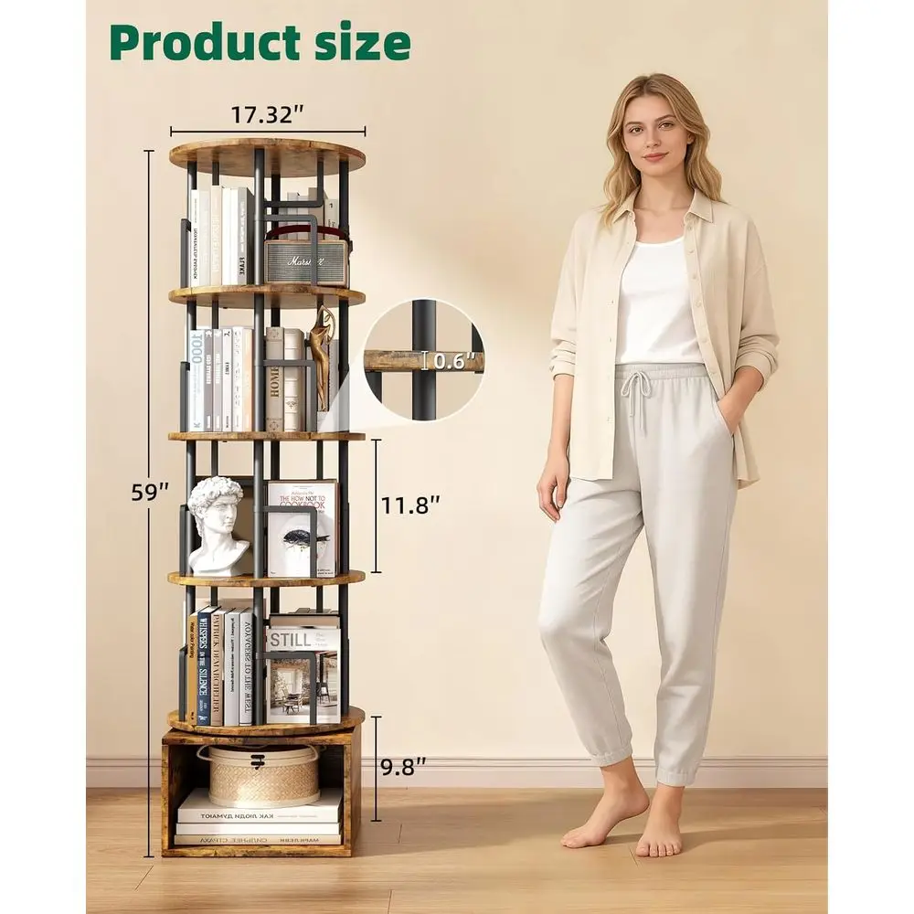 5 Tier Rotating Bookshel with Extra Storage Cabinet, 360°Spinning Bookshel, loor Standing Bookcase or Kids & Adult, Narrow Book