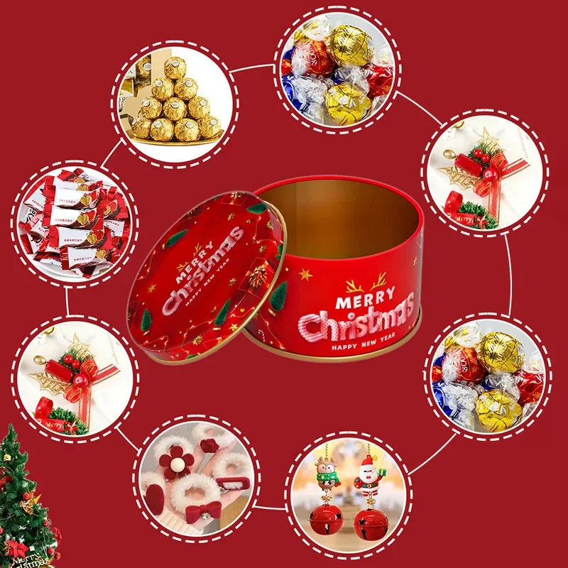 Christmas Tinplate Round Candy Tin Can Metal Candle Jars With Lid Candle Container Empty Box Cookie Candy Tea Storage Gifts Case