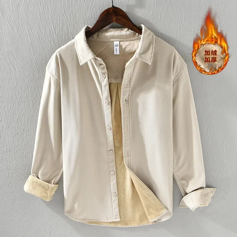 

Мужская зимняя рубашка, японская вельветовая рубашка с длинным рукавом в стиле ретро, мужская повседневная теплая рубашка, однотонная флисовая рубашка, утепленная мужская одежда