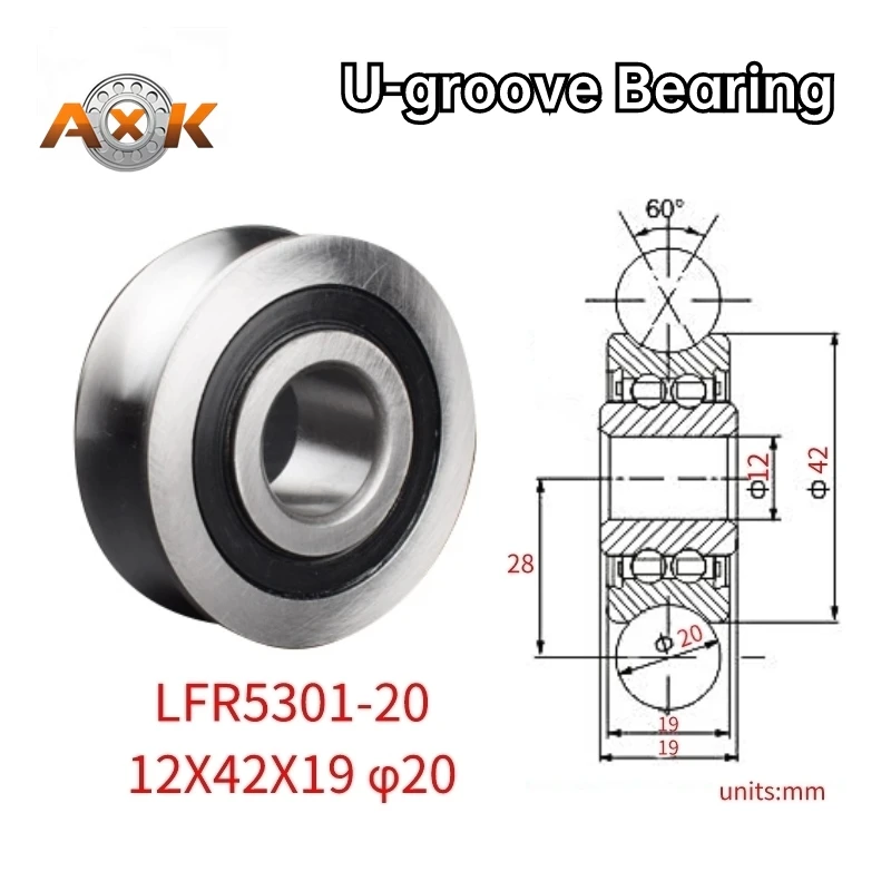 Guideway Roller Bearing LFR5301-20 Inner Diameter 12mm Outer Diameter 42mm Height 19mm U Groove Diameter 20mm 12x42x19