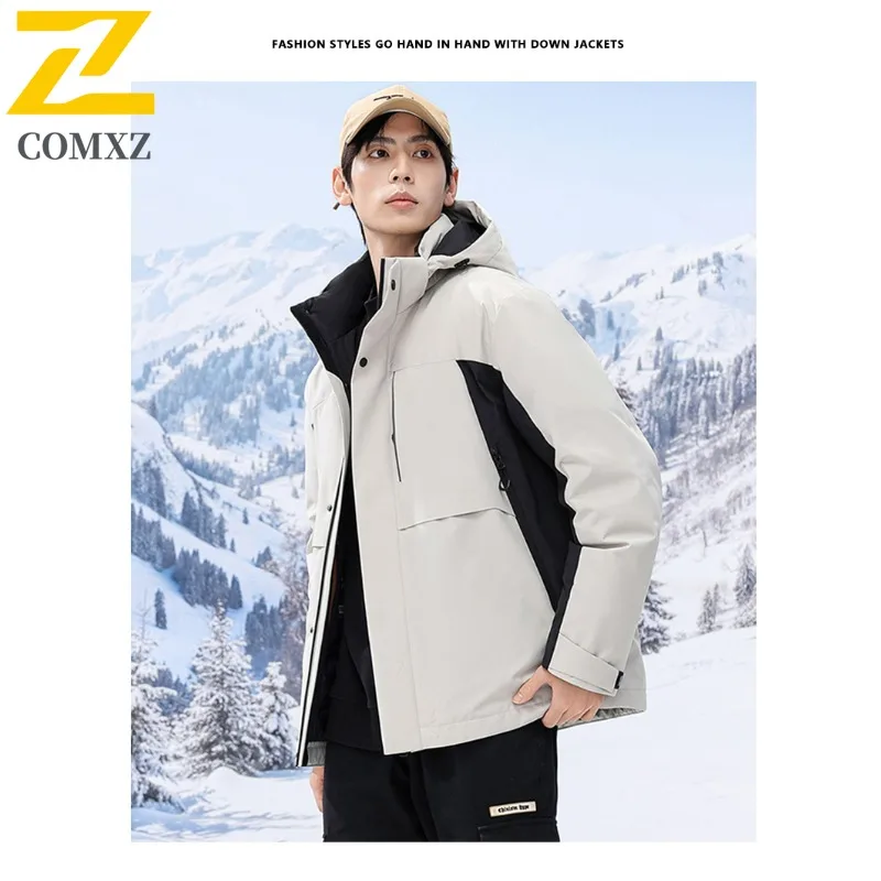 COMXZ Men Cotton Padded Jacket Solid Color Hooded Tool Waterproof Thick Warm Travel Padding Coat Snowy Windproof Puffer Jackets