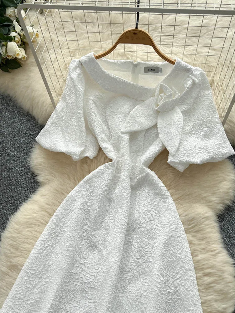 Ele Summer Texture floreale Bubble Sve Dr Donna di media lunghezza A-Line Dr Coreano Sle Vita alta ort Sve Dr