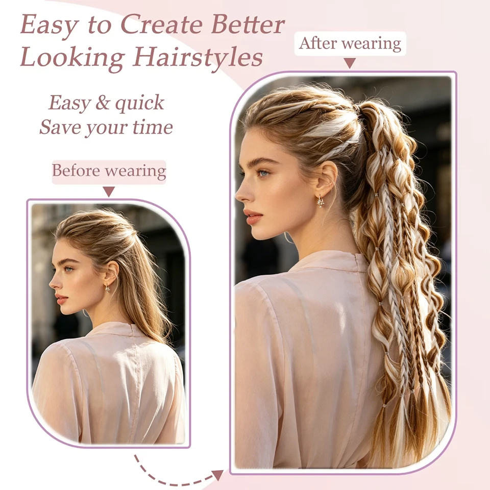 24Inch Synthetic Long Braided Bubble Ponytail Wig Extensions Lightweight With Elastic Band Wig Accessories For Women Party Use