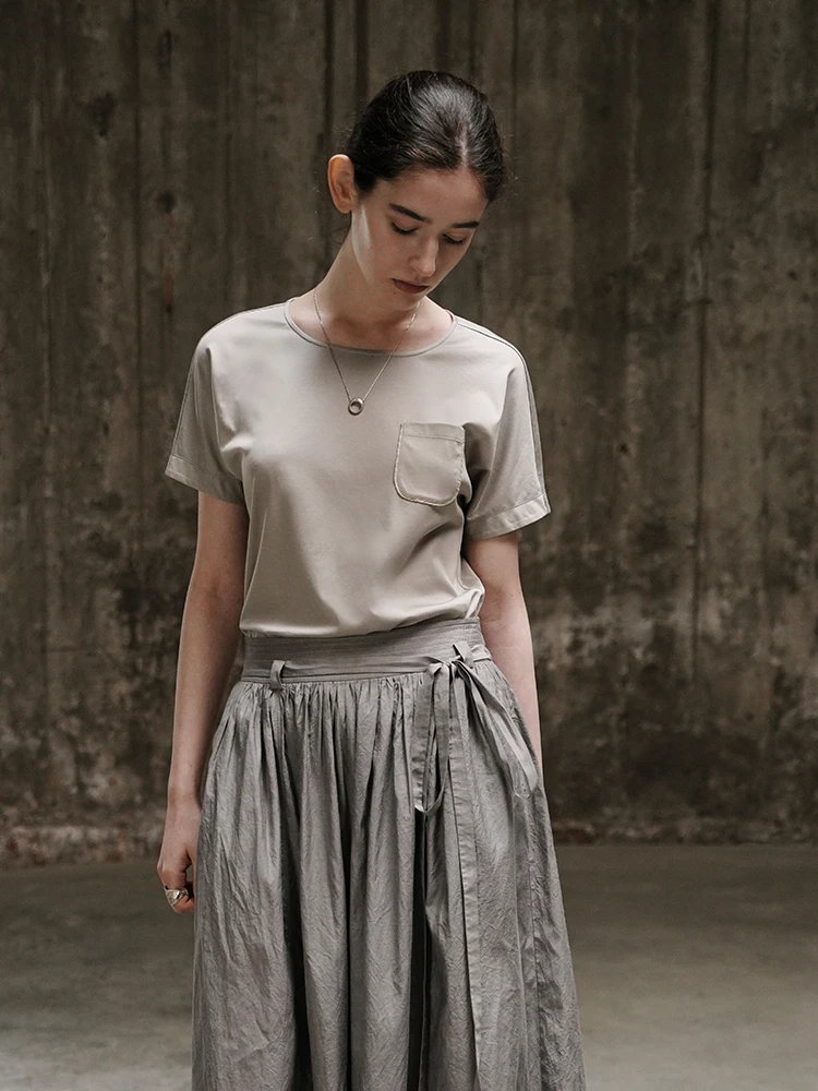 

Летняя повседневная женская футболка из смесового хлопка и шелка с коротким рукавом, универсальная однотонная вязаная футболка для города, в художественном стиле, для повседневной носки.