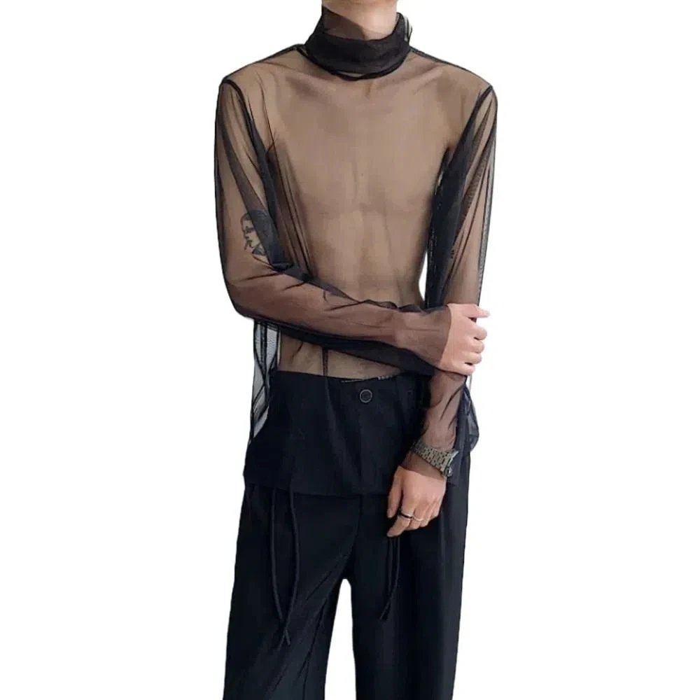 Fashion See-through Transparent T-shirt High Collar Solid Color Long Sleeve T-shirt Streetwear Undershirt Mesh Top Men Party