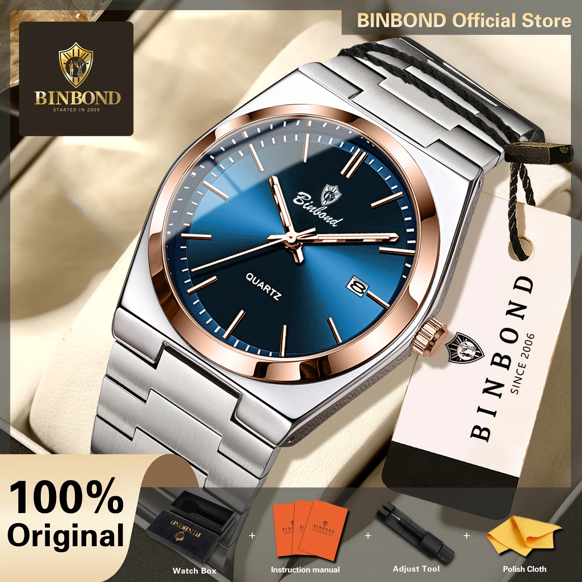 BINBOND Luxury Luminous Waterproof Watches For Men Original Men's Quartz Stainless Steel Wristwatch Relojes De Hombre +Gift Box