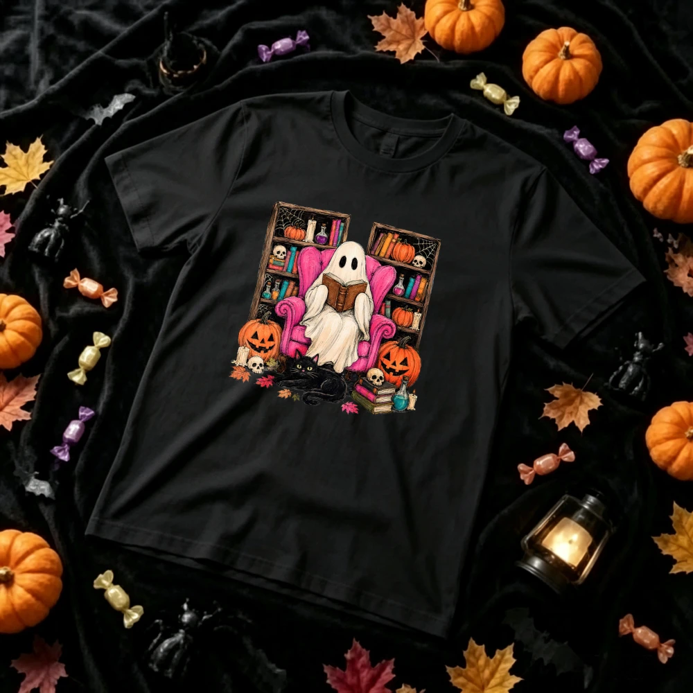 Cute Reading Ghost Halloween Graphic T‑Shirt Ghost Sitting on Pink Armchair Bookshelf Jack‑O‑Lantern Pumpkin Black Cat Tops Tees