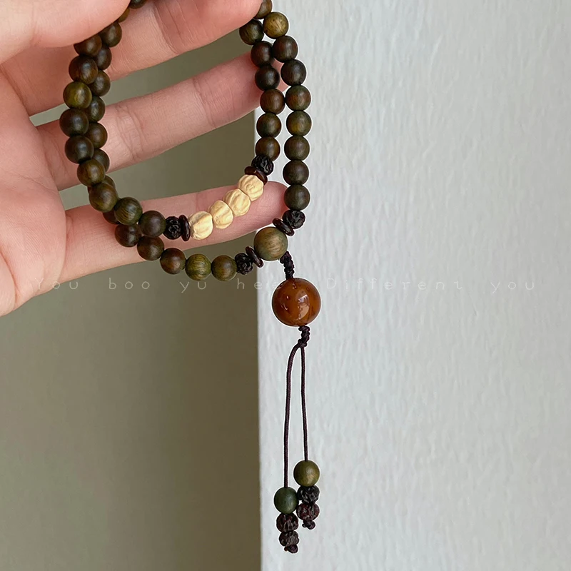 Double-Layer Green Sandalwood Bodhi Bead Bracelet for Women - Unique New Chinese Style Vintage Beaded Jewelry.