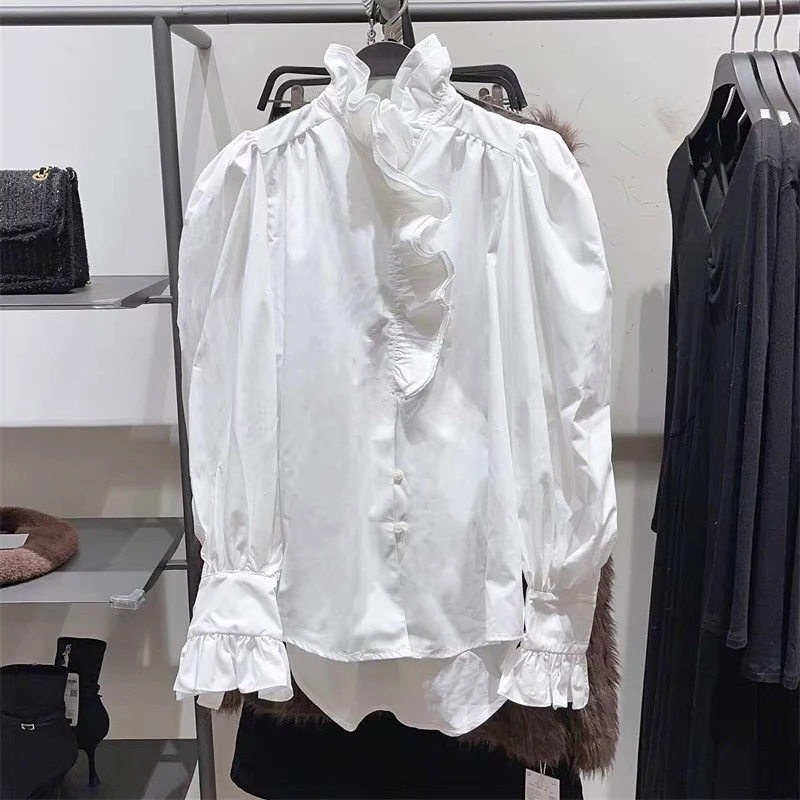 

Deeptown White Ruffles Sweet Women Blouses French Elegant Preppy Long Sleeve Stand Collar Korean Fashion Shirt Loose Office Lady
