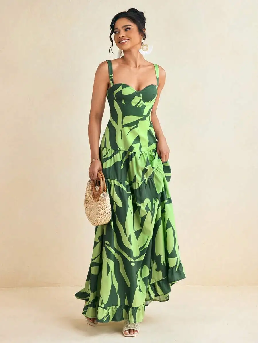

Green Tropical Printed Sweetheart Layered Maxi Dress Women Summer Vacation Sundress Wedding Guest Dress
