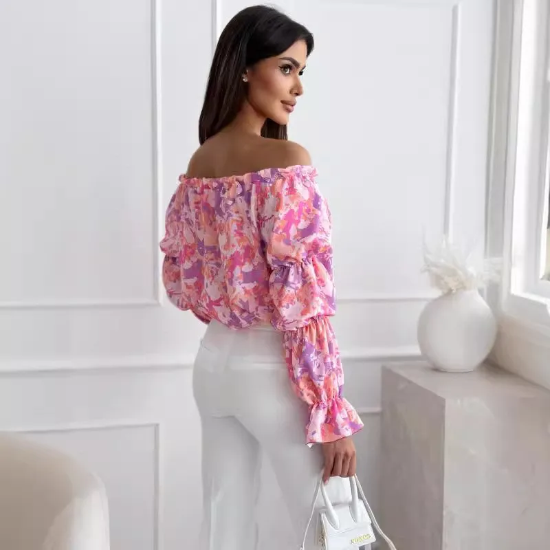 Floral Print Sexy One-shoulder Shirt Women Elegant Fashion Pleated Off Shoulder Blouse For Women 2024 Casual Loose Ruffles Tops