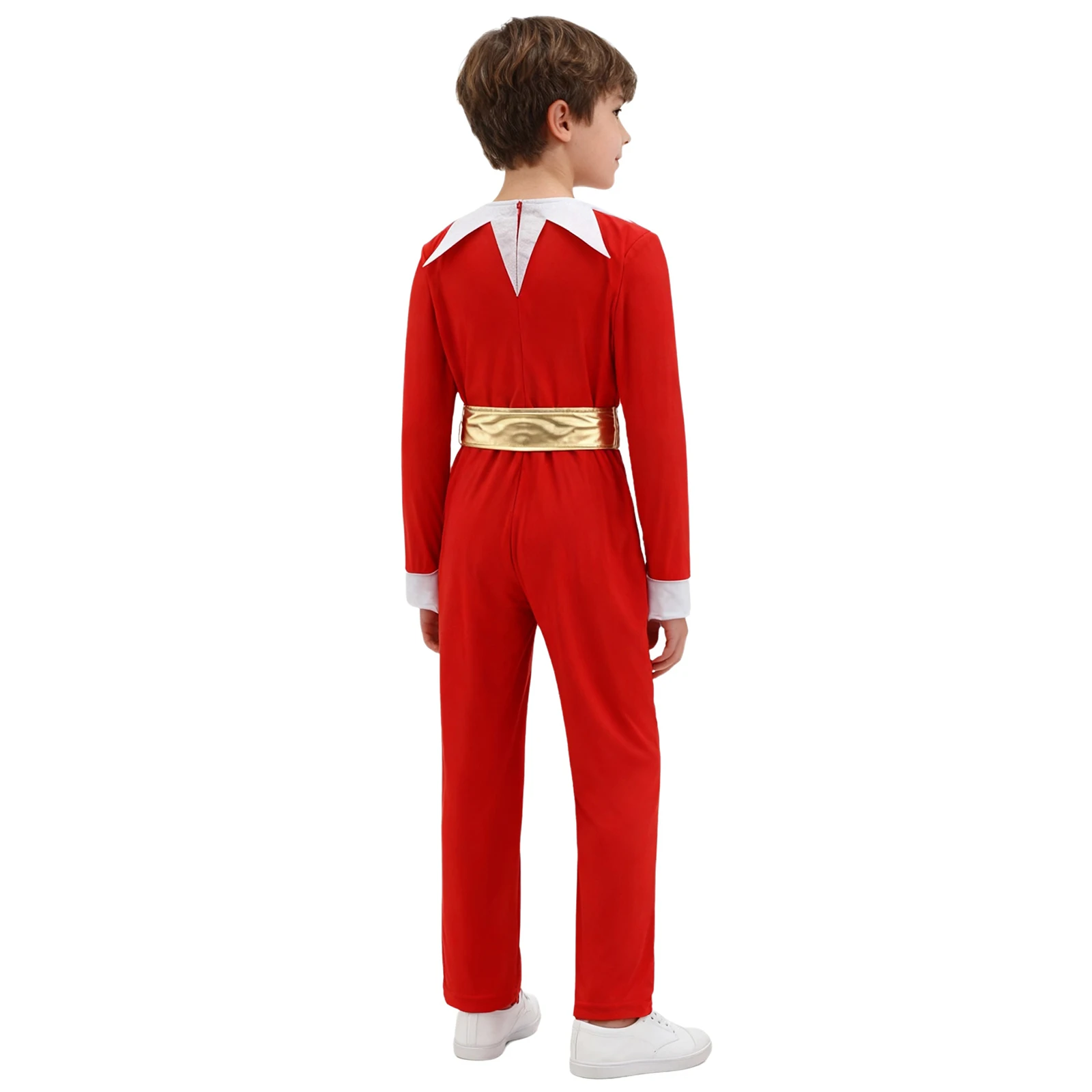 Boys Girls Christmas Elf Santa Claus Helper Cosplay Long Sleeve Jumpsuit with Metallic Waistbelt for New Year Festival Party