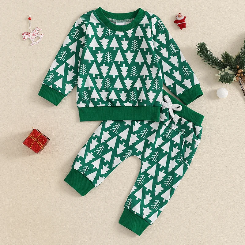 Baby Girl Boys Autumn Clothes Newborn Toddler Long Sleeve Christmas Tree/Santa Claus Print Sweatshirt Pants Outfits Tracksuits