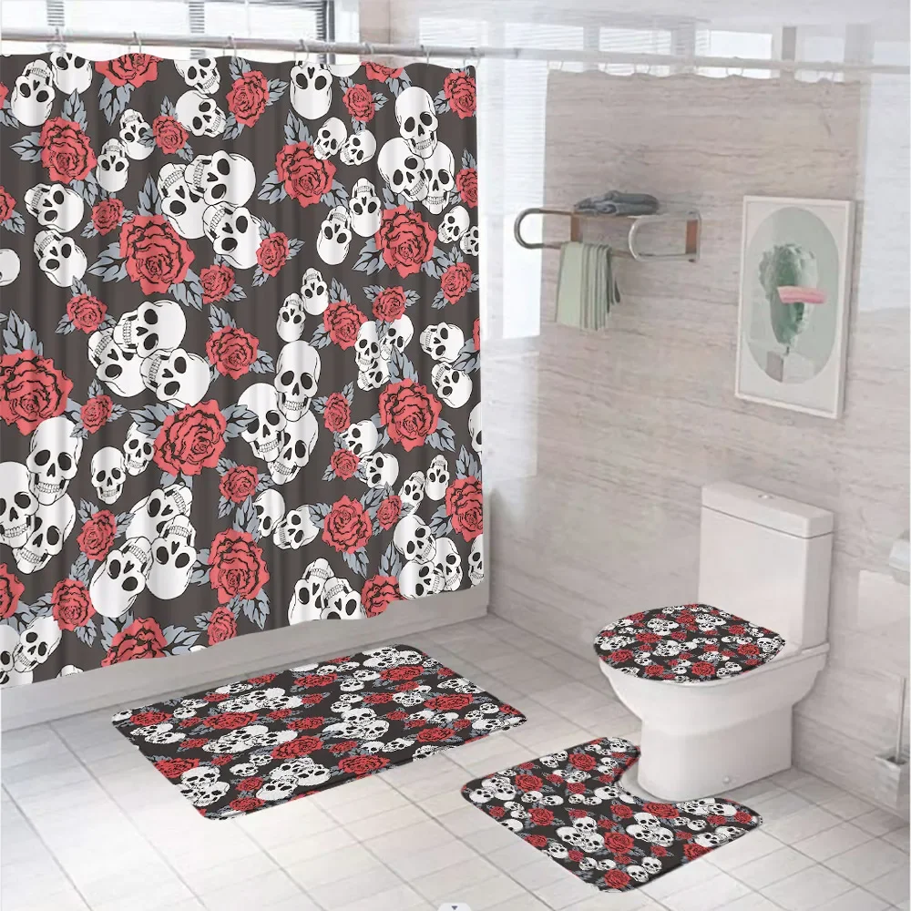 4Pc Cute Halloween Shower Curtains Set Bathroom Decor Skull Hand Spider Bat Fabric Screen Non-Slip Bath Mat Rug Toilet Lid Cover