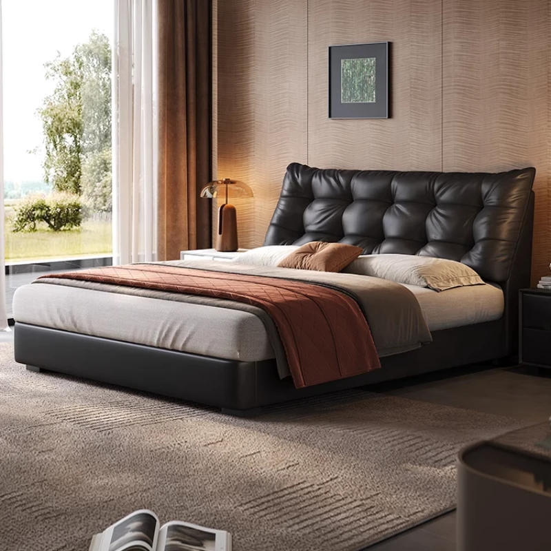 Leather bed Italian minimalist first layer cowhide soft bed master bedroom modern simple storage double high-end atmosphere