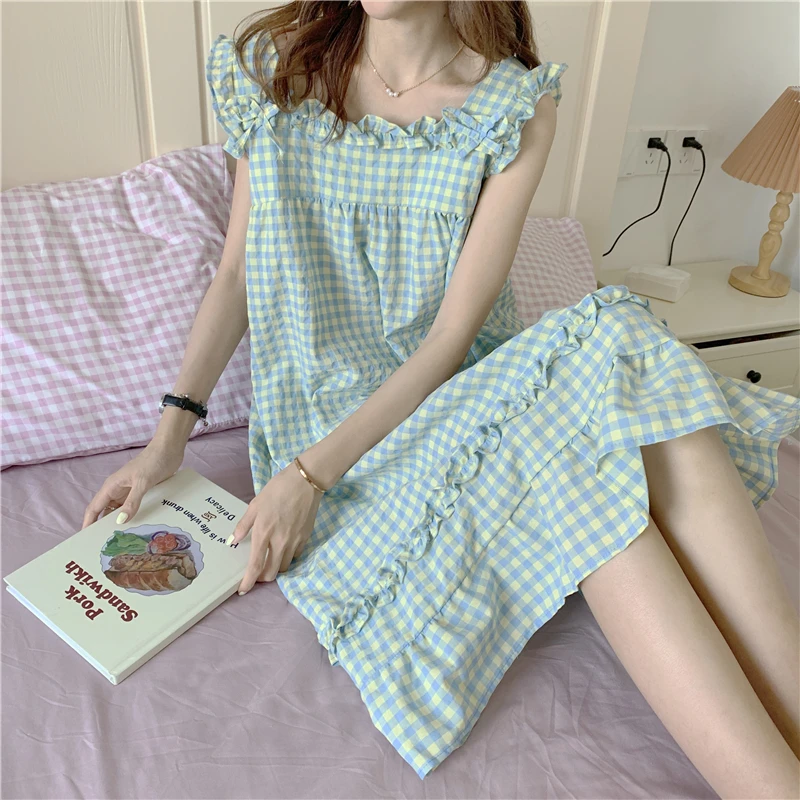 

Blue Yellow Plaid Nightgown Women Ruffles Square Collar Sleeveless Long Night Dress Loose Casual Sleepwear Cotton Sweet