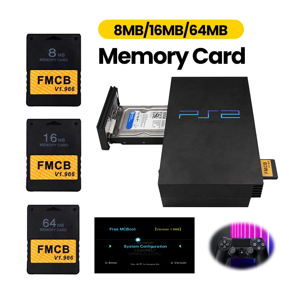 Tarjeta de memoria McBoot v1.966 gratis, 8MB/16MB/32MB/64MB/256MB para Sony PS2 Playstation 2 FMCB, tarjeta de memoria extendida, ahorro de juegos