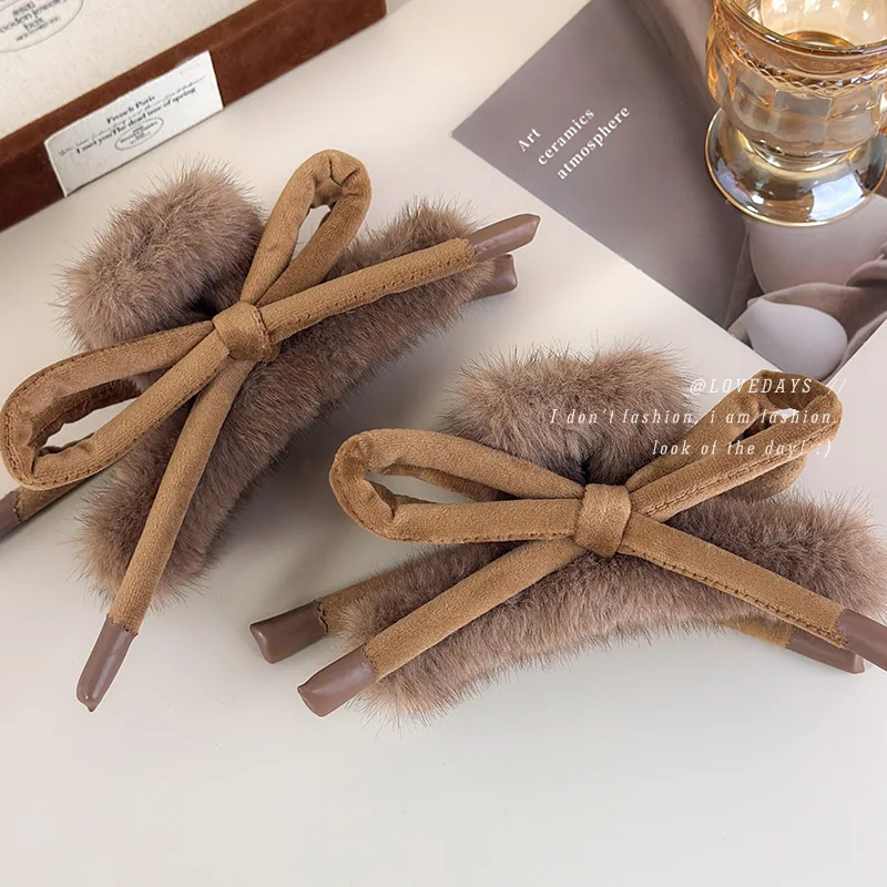 

Rabbit Fur Hair Claw Brown Bow Large Size for Thick Hair Fall Winter Premium Updo Clip Women Elegant Daily Comfortable Headwear