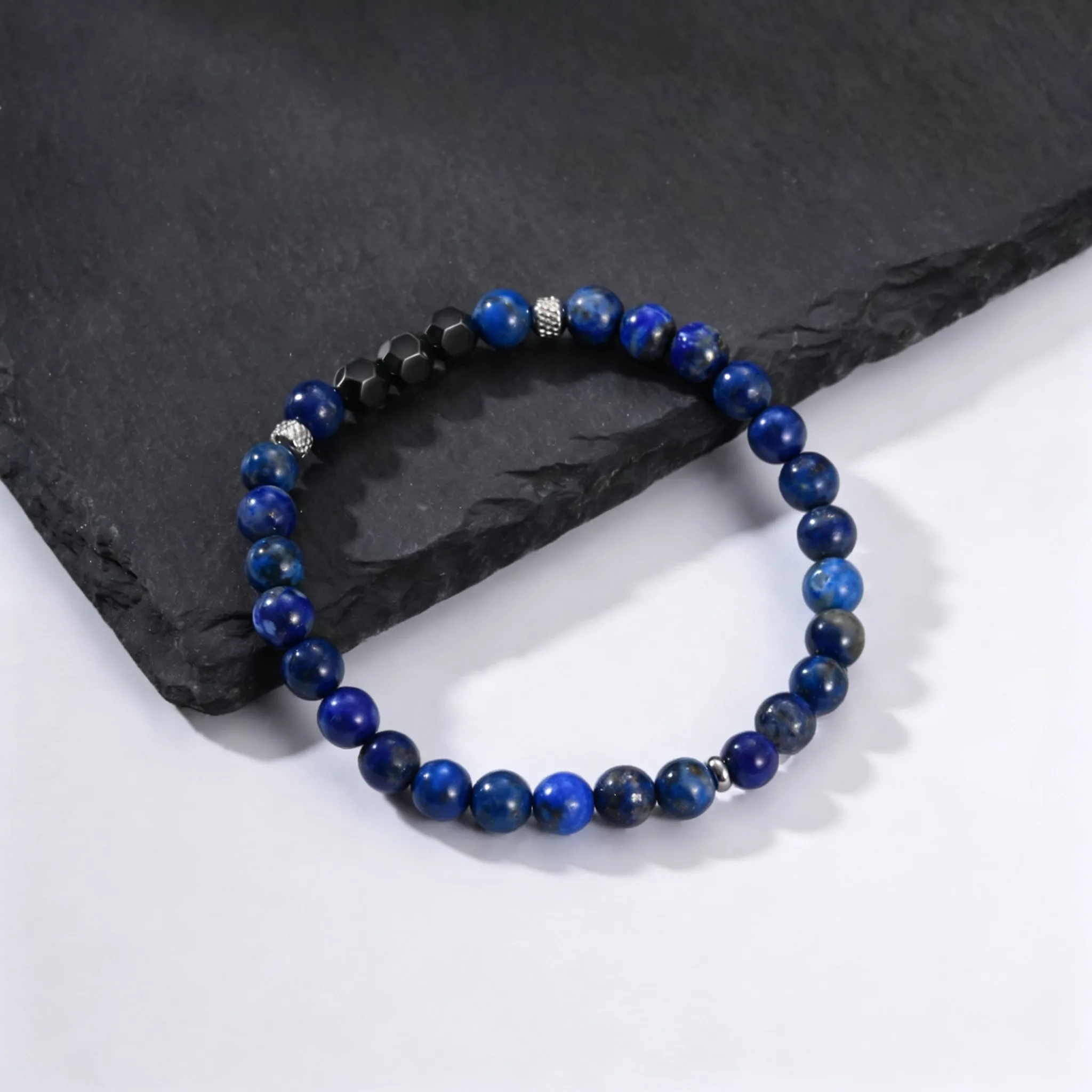 Stilvolle Blaue Naturstein-Perlenarmbänder für Männer, Lapislazuli Hämatit Armband, Heilende Energie Yoga-Schmuck – Detail 4