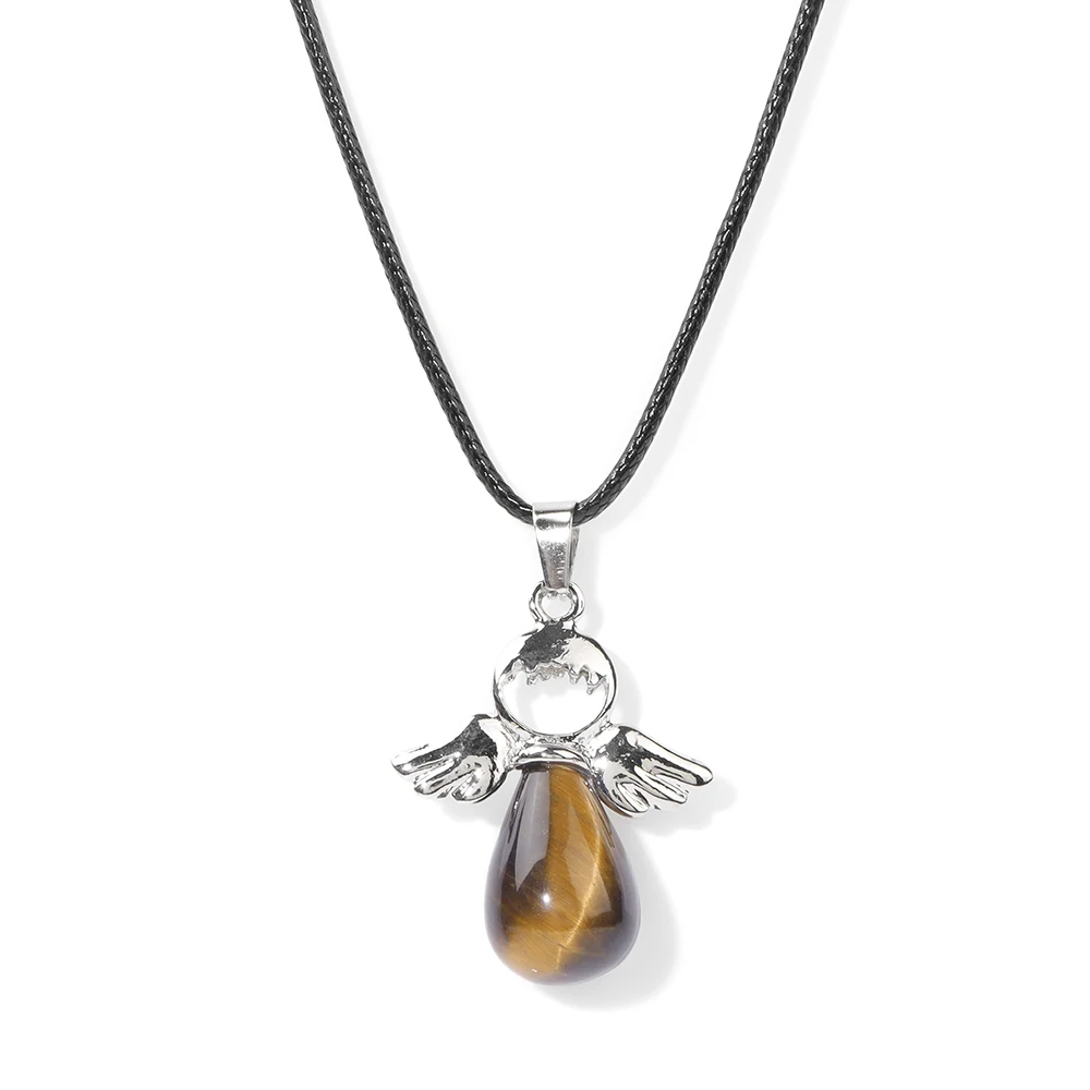 Fashion Tiger Eye Angel Wings Pendant Necklaces Natural Stone Opalites Aventurines Charm Necklace Leather Chain Necklace For Men