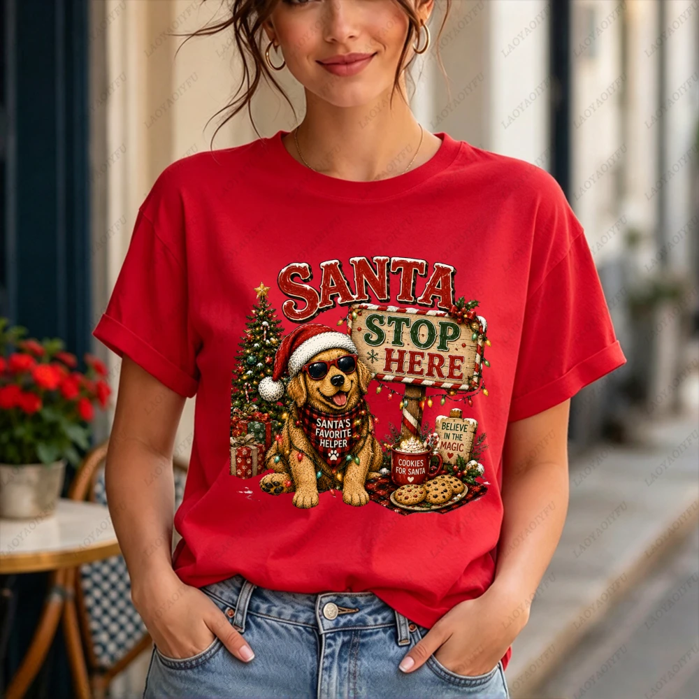 Santa Stop Here Golden Retriever Graphic T Shirt Women Christmas Dog Print Short Sleeve Cotton Tee Holiday Wear Y2k Top