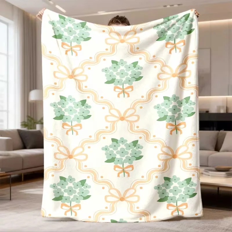 Light Green Flower Bouquet Bow Blanket Wavy Line Floral Print Soft Warm Cottagecore Bedroom Decor Romantic Blanket