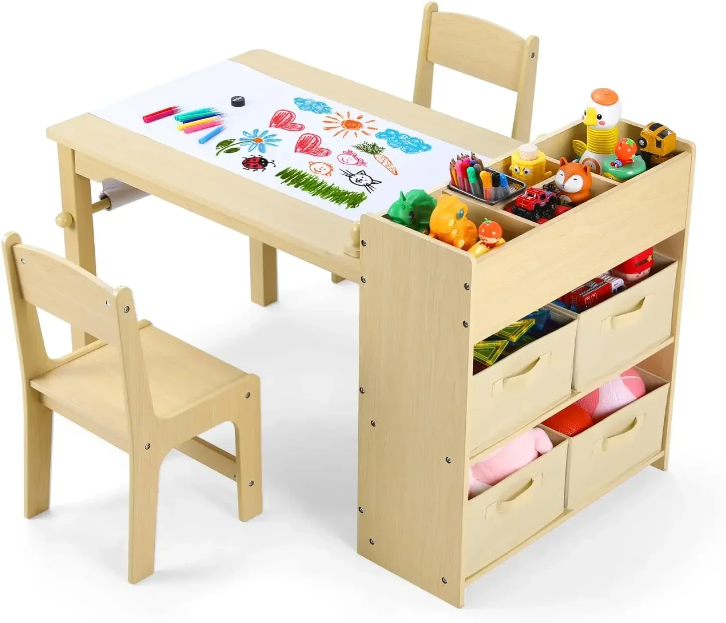 

Kids Art Table and 2 Chairs Set, Large Size Toddler Wood Activity Table, Sturdy Drawing Desk with Large Storage, 4 Bins, Paper R