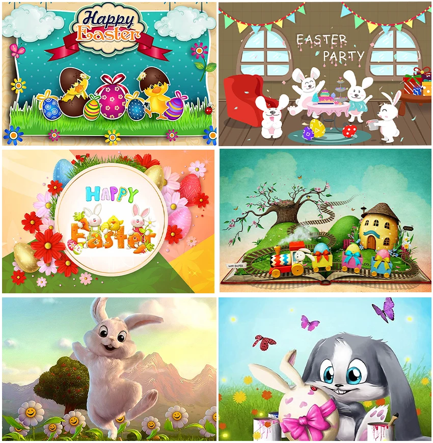 

Happy Easter Backgrounds Party Decoration Custom Cute Bunny Poster Flowers Children Portrait Backdrops Studio Banner Photocall