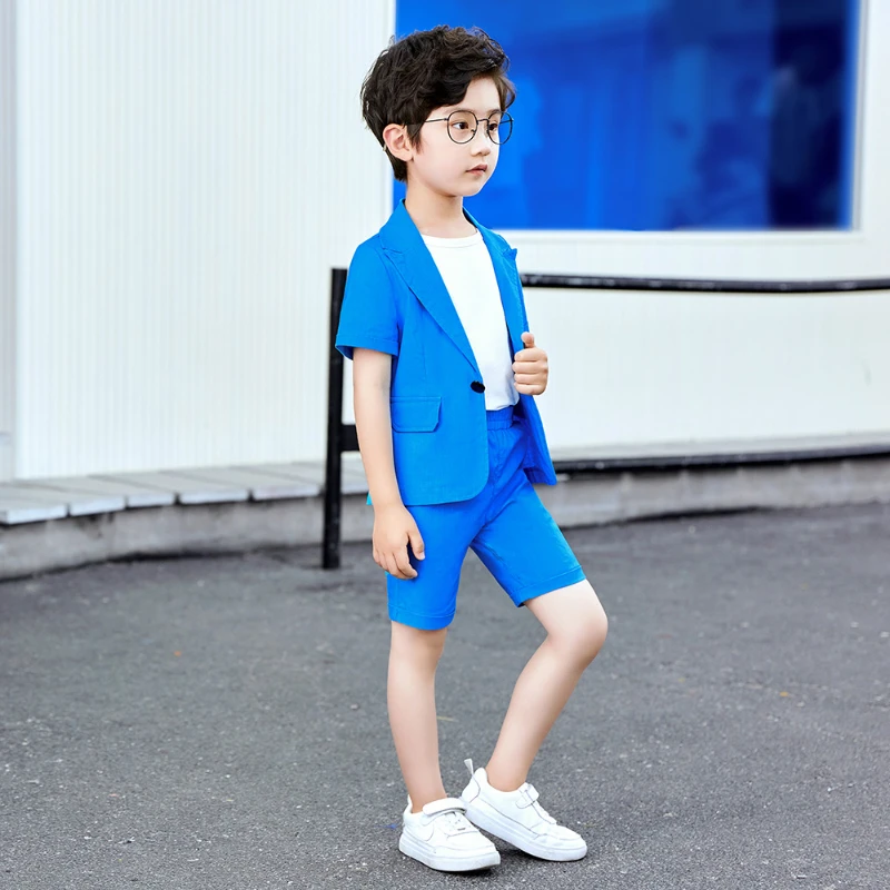 Boys Summer Royal Blue Suit Jacket Shorts 2PCS Formal Dress Kids Photography Blazer Children Graduation Tuxedo Toddler Costume