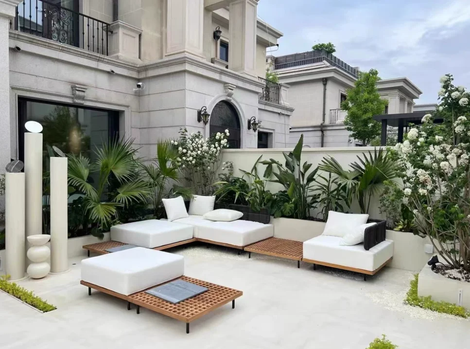 High-end Teak Aluminum Alloy Outdoor Scandinavian Sofa Garden Villa Leisure Open-air Woven Wicker Set Furniture