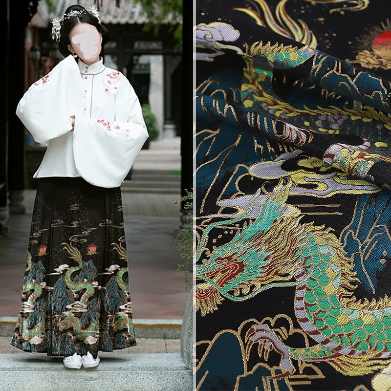 

Azure-Dragon Metallic-Yarn Embroidery Brocade Chinese Traditional Jacquard Fabric Embroidered Skirt Material for Needlework