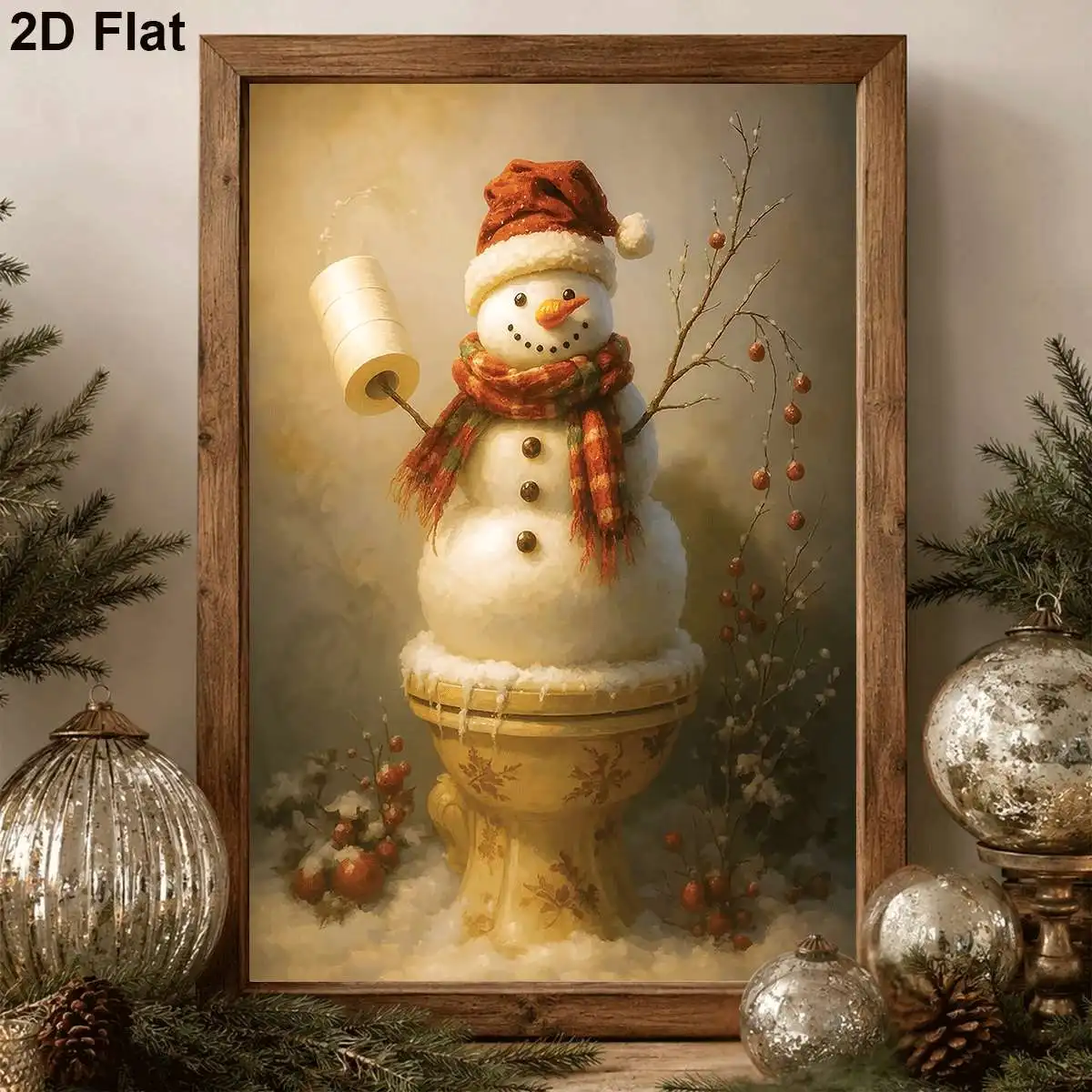 Funny Snowman Holding Toilet Paper Canvas Print Poster Vintage Xmas Winter Print Wash Room Toilet Festive Wall Art Home Decor