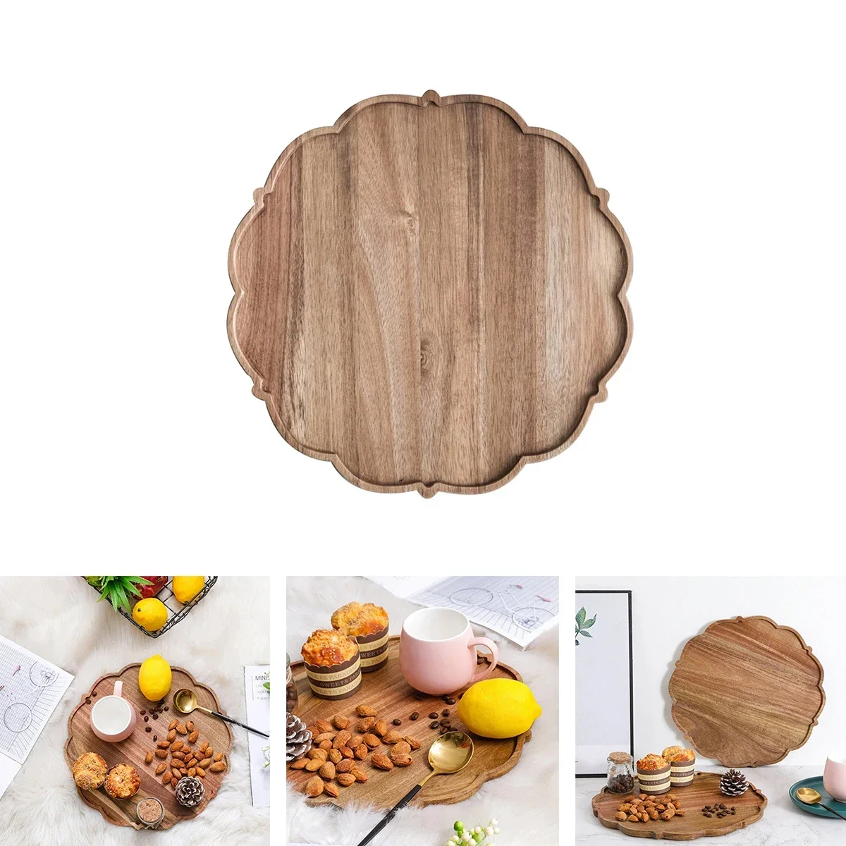 

34cm Inner Diameter Pine Wood Tea Storage Tray Home Living Room Dining Table Tea Storage Tray Hotel Wooden Dining Tray -1 piece