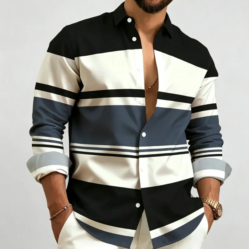 Men's Shirt Men's Patchwork Striped Shirt Lapel Long Sleeved Button Down Shirt Trendy Street Slimming Casual Men's Top