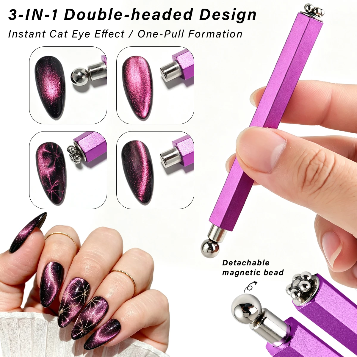 3-in-1 Double Head Cat Eye Nail Magnet Detachable Magnetic Ball Nail Pen for Cat Eye Gel Polish Nail Art Manicure Accessories