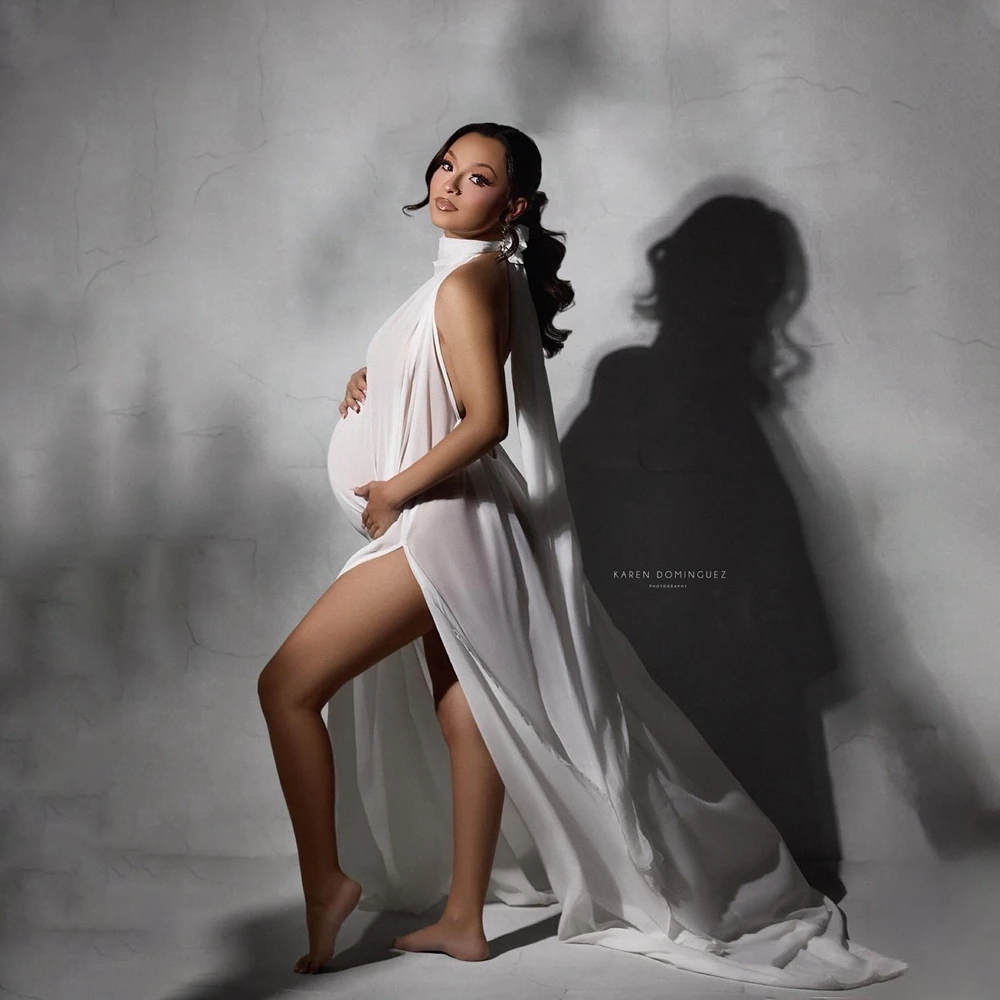 Halter Maternity Photography Dresses Chiffon Backless Pregnant Photo Shoot Gown High Split Pregnancy Studio Posing Clothing view 6