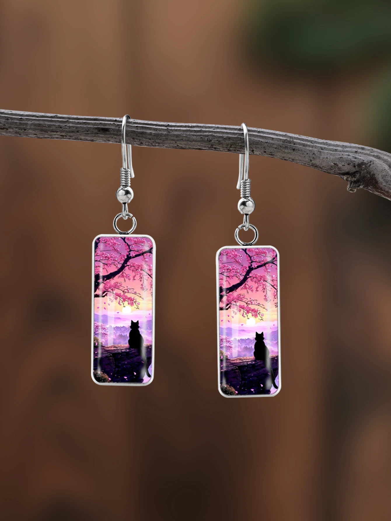 1 Pair of Cherry Blossom Cat Pattern Earrings with Convex Glass and 316 Stainless Steel Long Hooks, in a Retro and Simple Style, Suitable for Women for Daily Gift-Giving and Wearing, Jewelry Earrings with an Elegant and Simple Style, Suitable for Women for Everyday and Vacation Wear