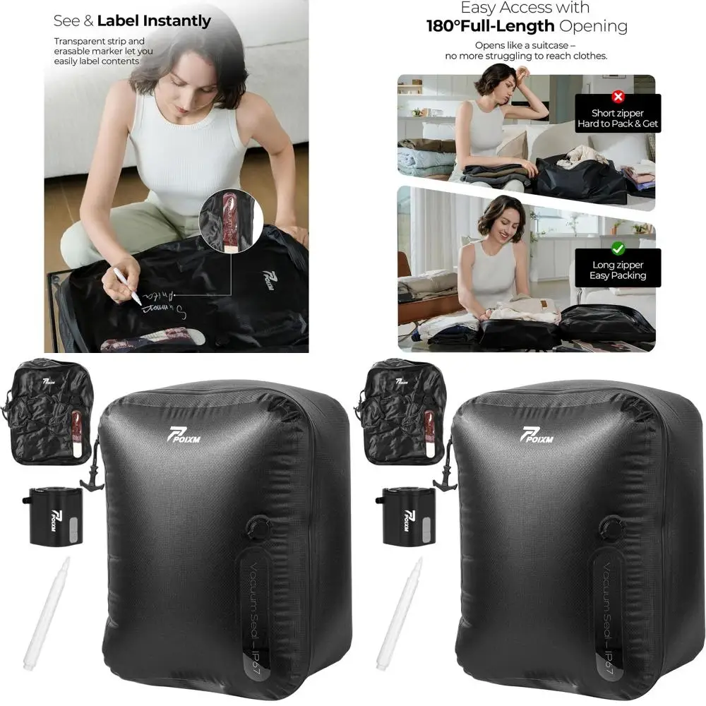 

Travel Vacuum Storage Bags with Wireless Pump, 180° Zipper, Waterproof, Reusable Compression for Luggage and Home