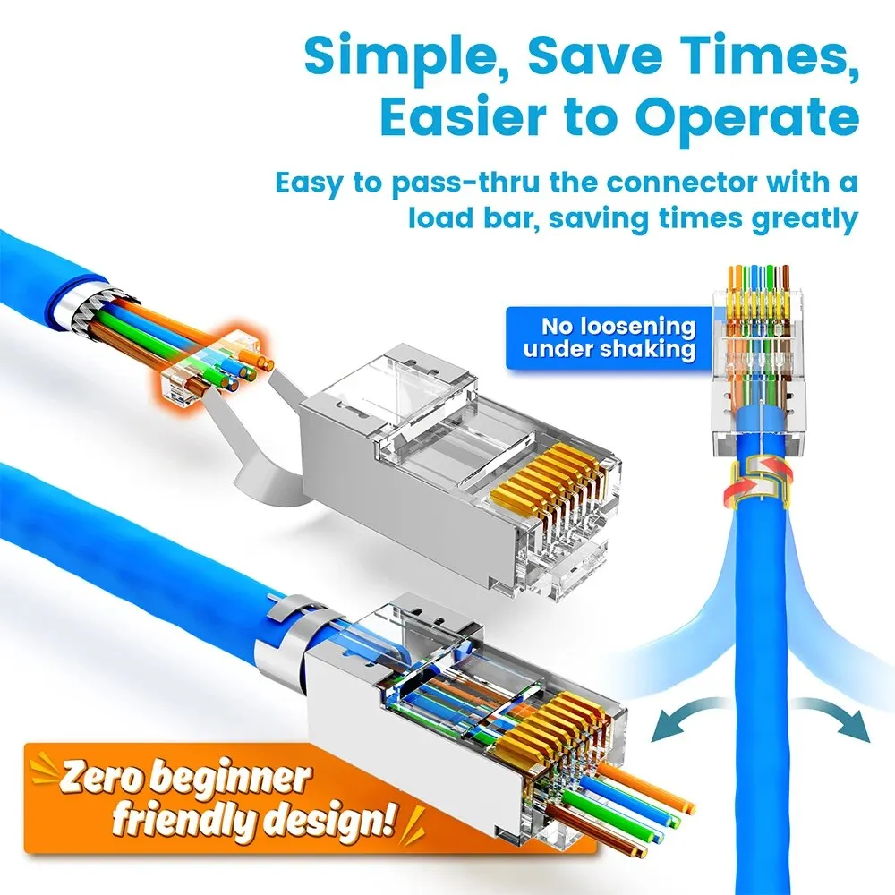 AMPCOM CAT7 RJ45 Connector, Pass Through STP RJ45 Ethernet Plug with 1.5mm Load Bar for Cat 6A / 7 Network Cable - 10/30 Pack