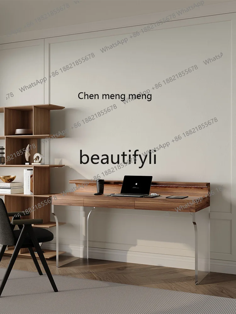 Italian minimalist solid wood leather desk with lamp modern simple computer desk storage storage study