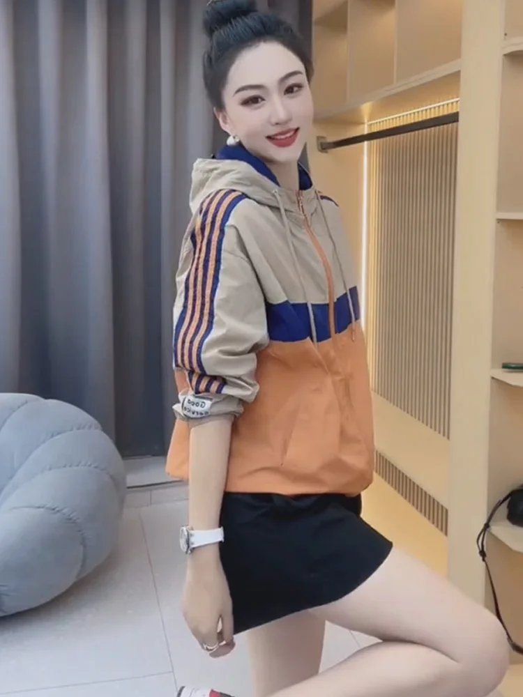 

Summer Ice Silk Hooded Lightweight Outdoor Women's Sun Protection Clothing Breathable Splice Color Open Cardigan