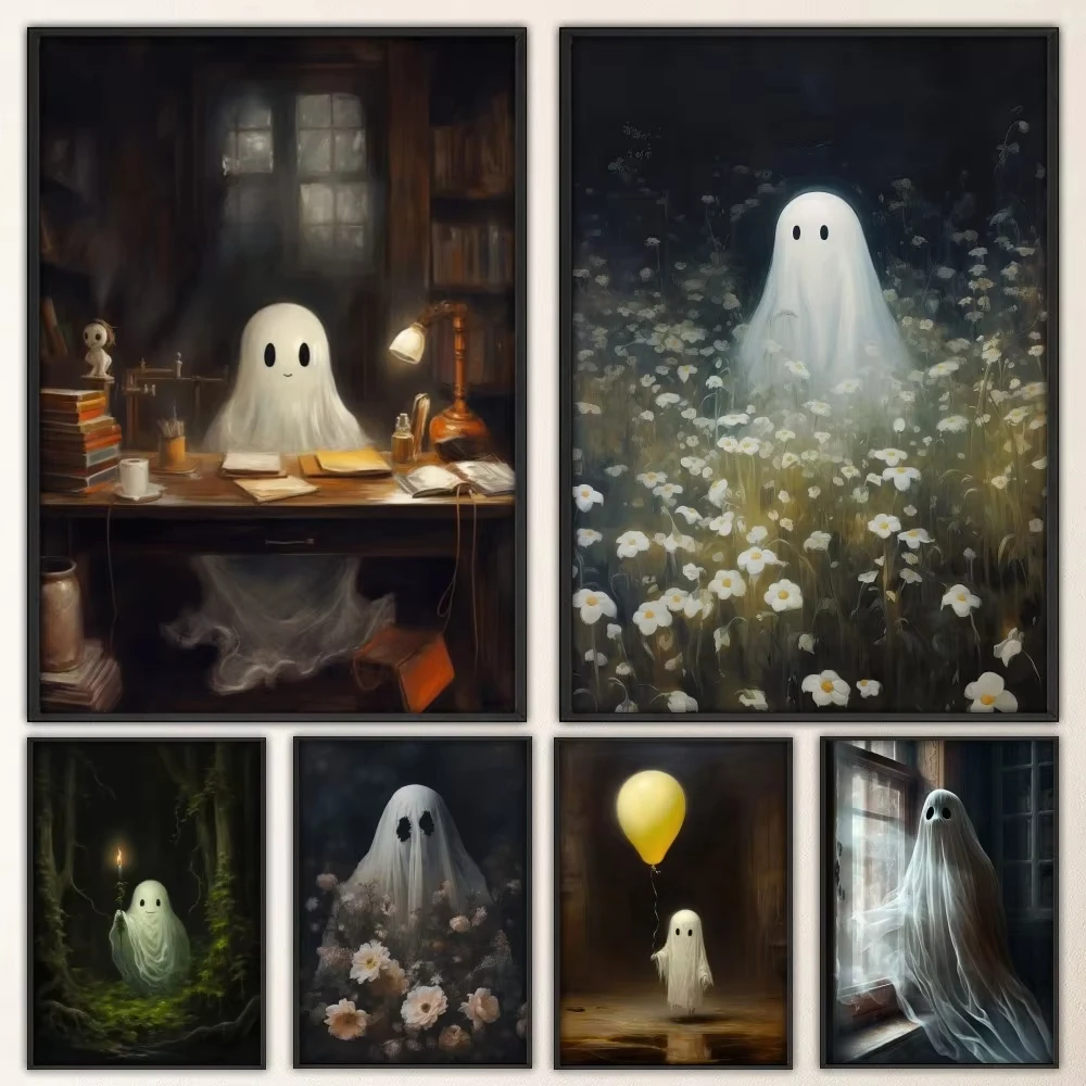 Ghost HauntedManor Halloween Cute Fancy Poster Wall Sticker for Living Room Bar Vintage Decorative Painting Middle