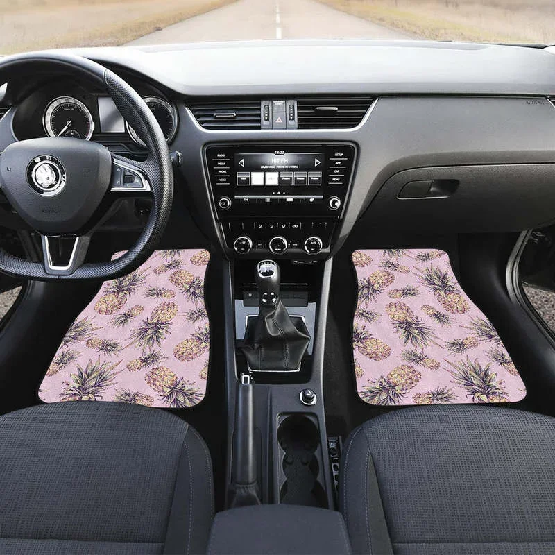 Pink Vintage Pineapple Pattern Print Front and Back Car Floor Mats Heavy Carpet Front and Rear Full Set 4PCs Pack