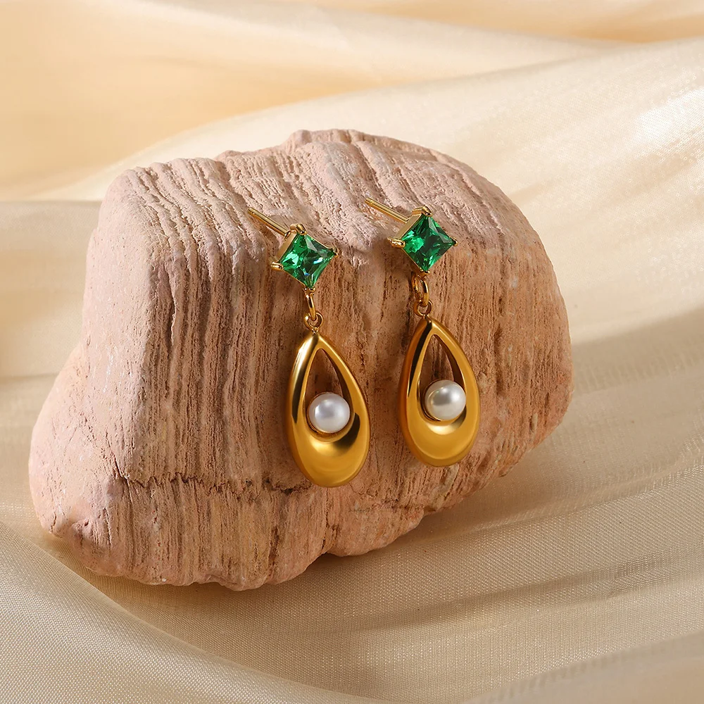 Pendientes colgantes de gota de agua verde a la moda para mujer, pendientes geométricos de acero inoxidable de Color dorado, regalos de joyería para fiesta y boda