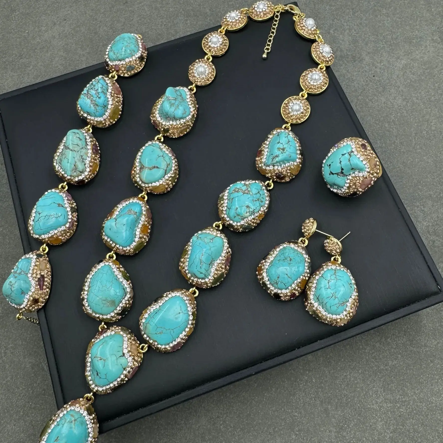 Ethnic Style Vintage Turquoise Natural Pearl Inlaid Earrings, Rings, Bracelets, Necklaces, Jewelry Four-Piece Set for Women