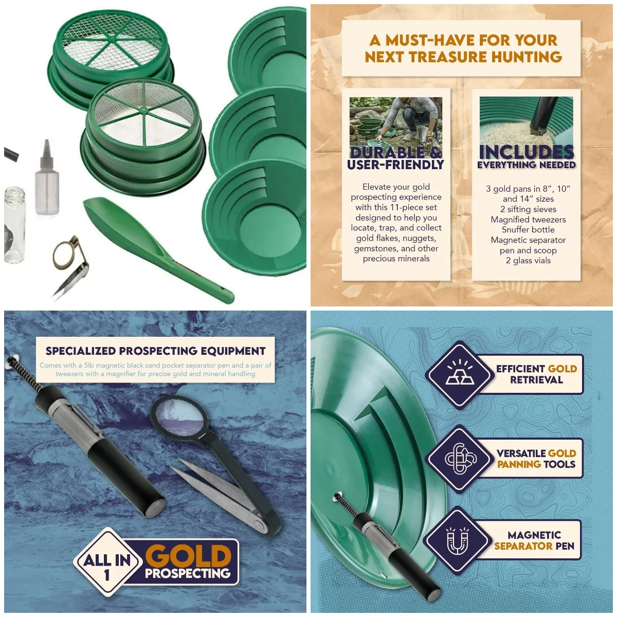

11-Piece Gold Panning Kit with Pans, Sieves, Magnet & More – GP5-KIT111