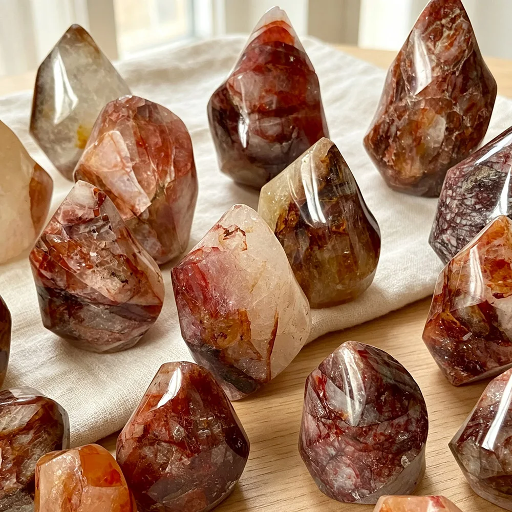 Natural Polished Fire Quartz Flame Specimen Freeform Crystal Point Home Desktop Ornament Meditation Collectible Gift